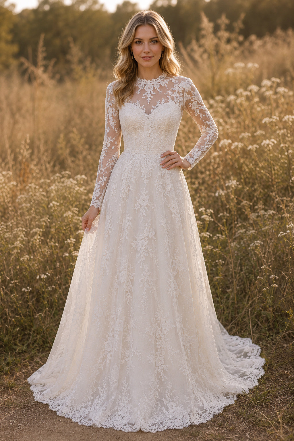 Ivory High Neck Long Sleeve Lace A-Line Wedding Dress Train for Wedding Ceremony and Reception Style MG_701496 front view