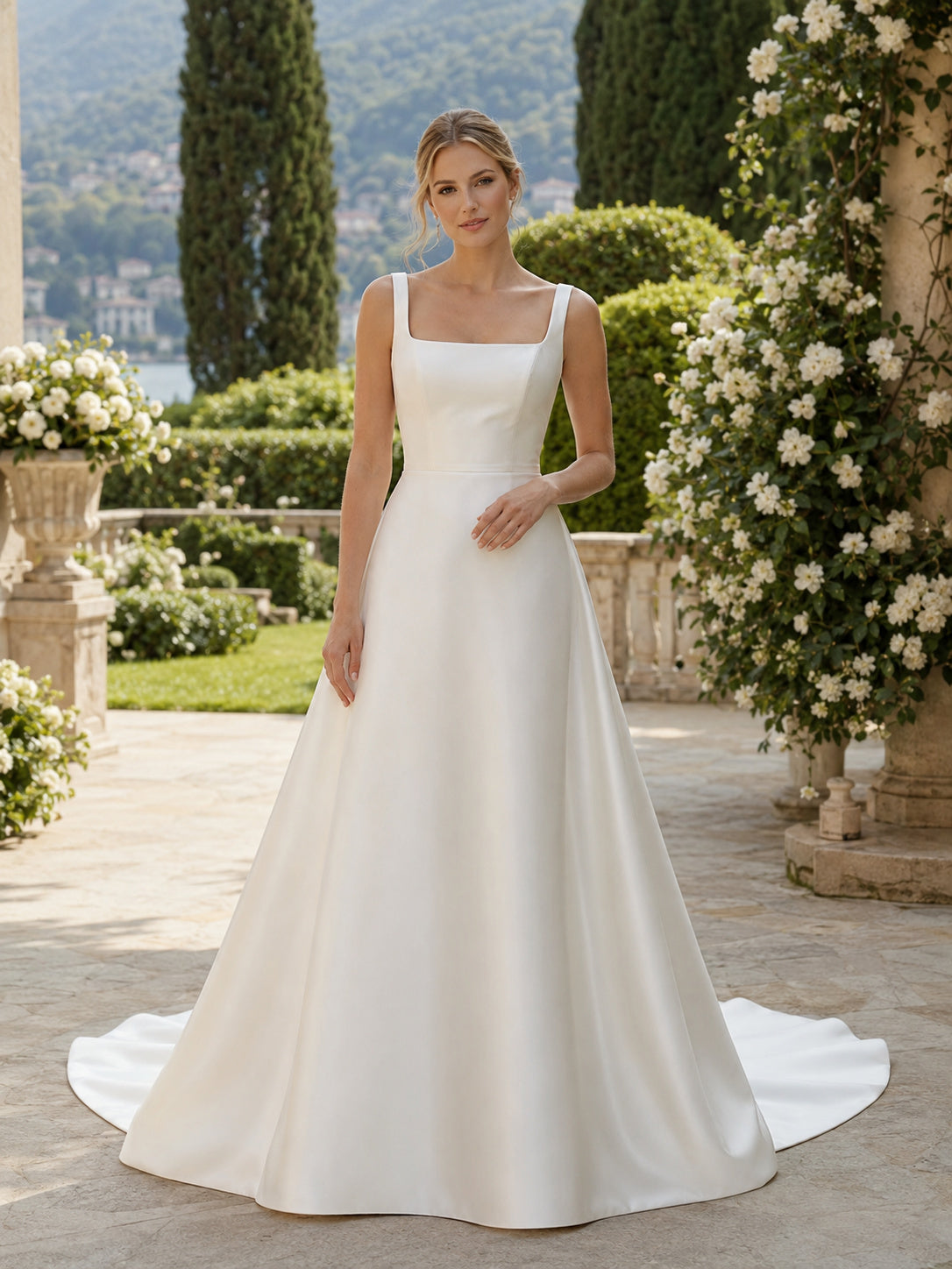 Elegant Square Neck Satin Wedding A Line Sleeveless Court Train Garden front view
