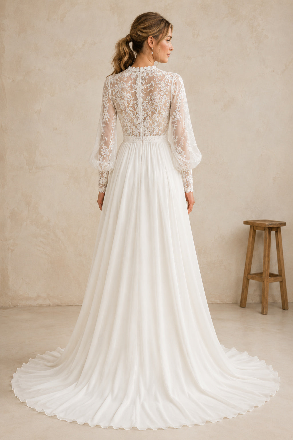 High Neck Long Sleeve A-Line Wedding Dress with Lace Bodice and Simple Chiffon Train back view