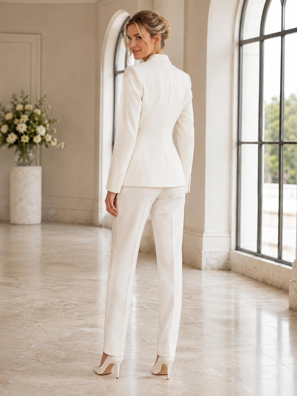 Modern Notched Long Sleeve Slim Trouser Two Piece Courthouse Wedding Suit back view