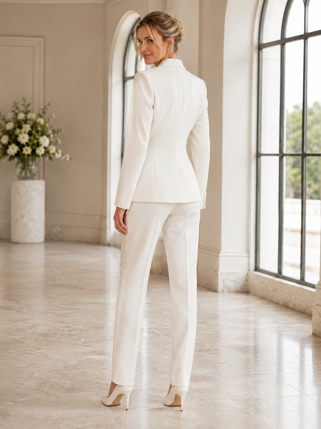 Modern Notched Long Sleeve Slim Trouser Two Piece Courthouse Wedding Suit back view