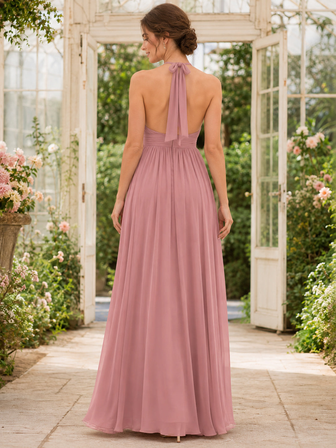 Dusty Rose Halter Chiffon Occasion Dress back view