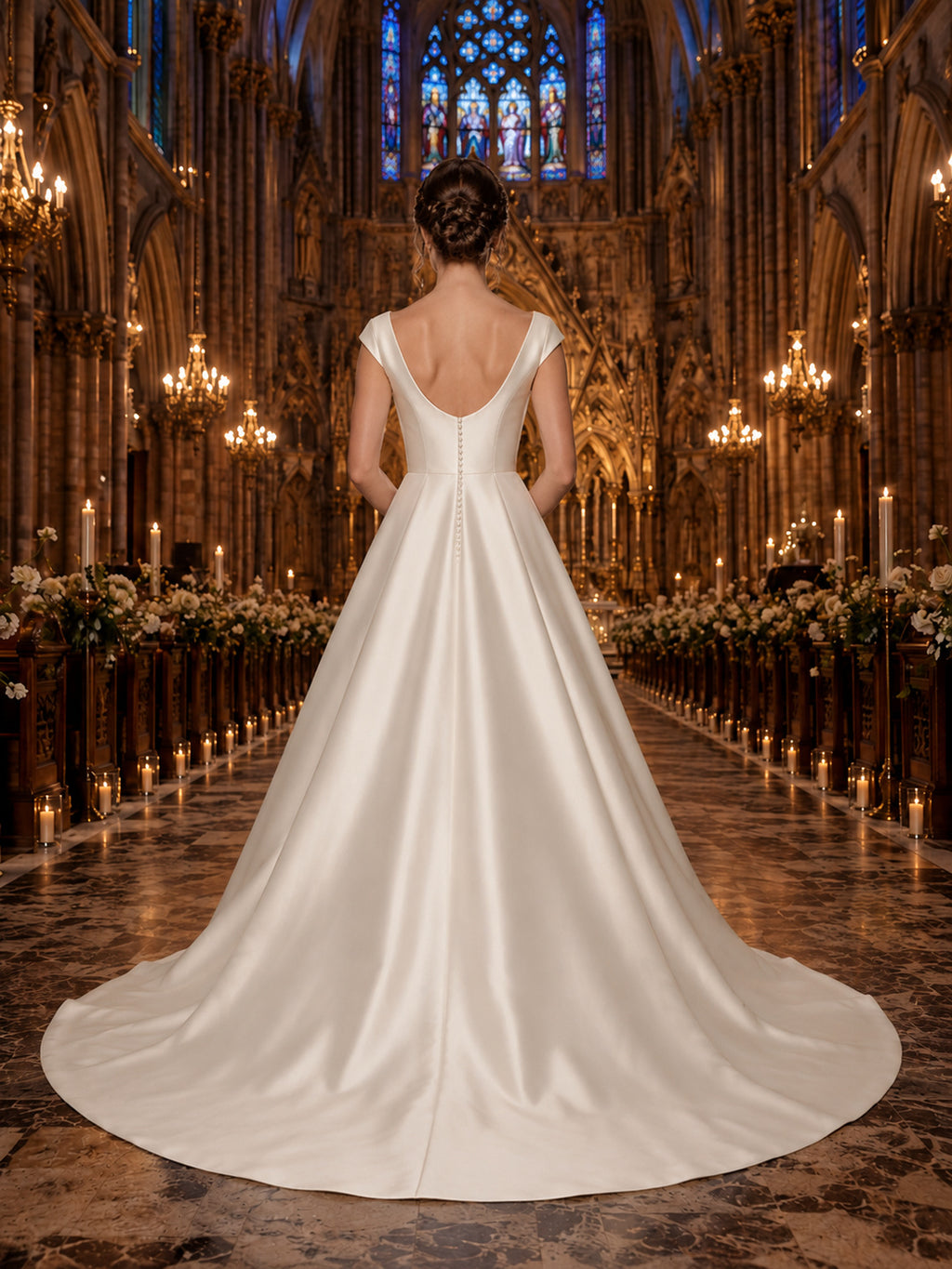 Scoop Neck Satin A Line Cathedral Train Classic Wedding Dress back view