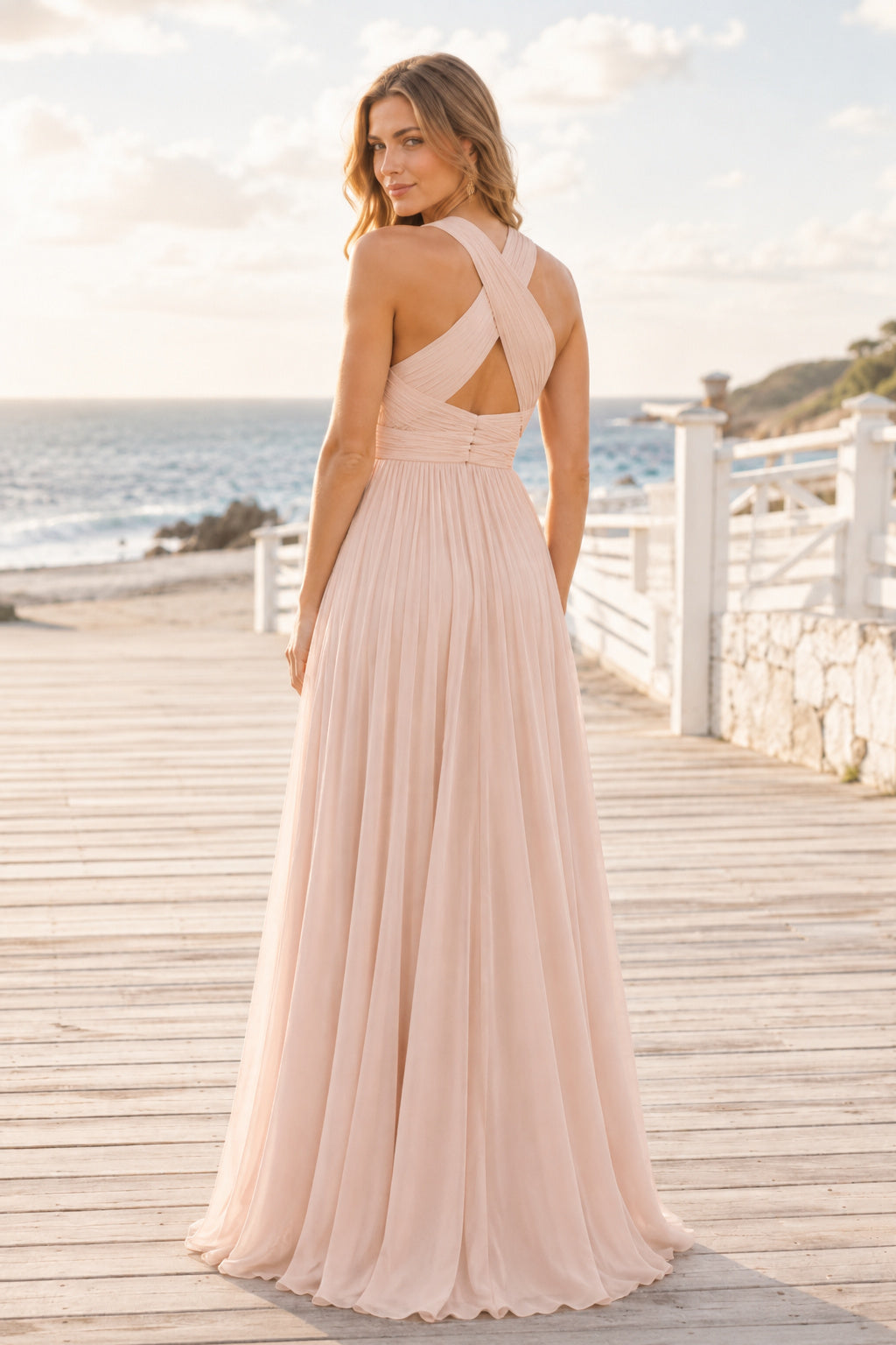 Blushing Pink One-Shoulder Chiffon A-Line Bridesmaid Dress with Criss Cross Back back view
