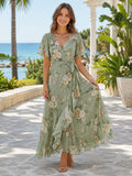 Sage Destination Beach Wedding Guest Dress A-Line Chiffon V-Neck Short Sleeve Tea-Length Floral Print front view