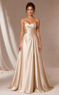 Champagne Satin A-Line Prom Dress Sweetheart Ruched Formal Gown front view