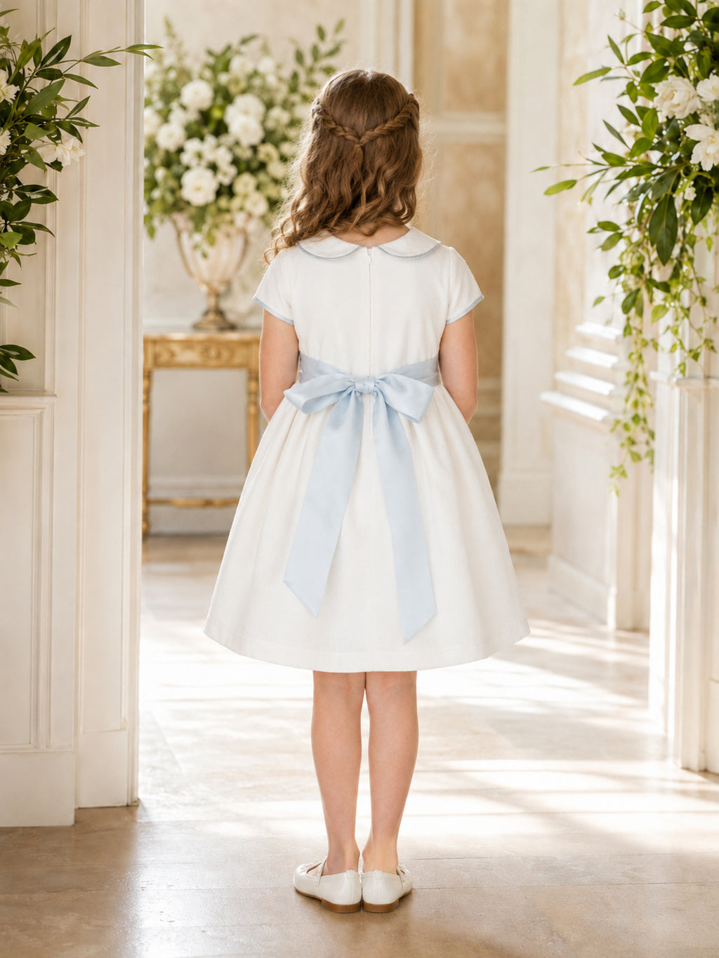 Ivory Satin A-Line Flower Girl Dress with Sky Blue Sash and Knee-Length Skirt back view