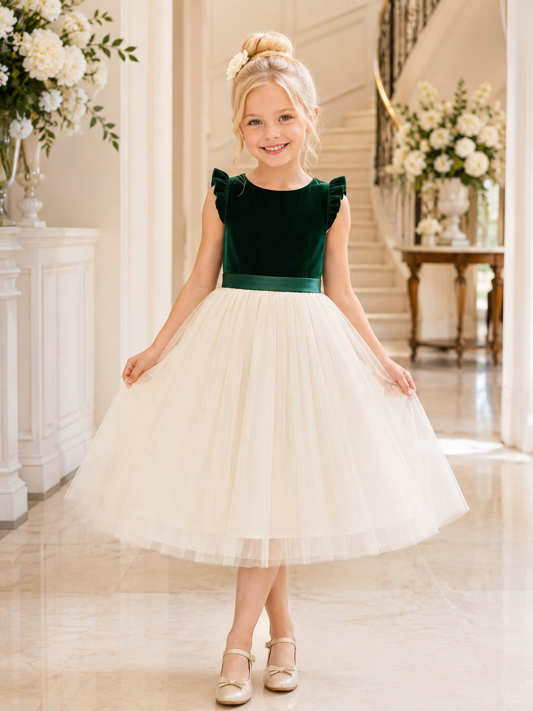 Dark Green Velvet Jewel Neck Petal Sleeve Tulle Tea-Length A-Line Formal Flower Girl Dress front view