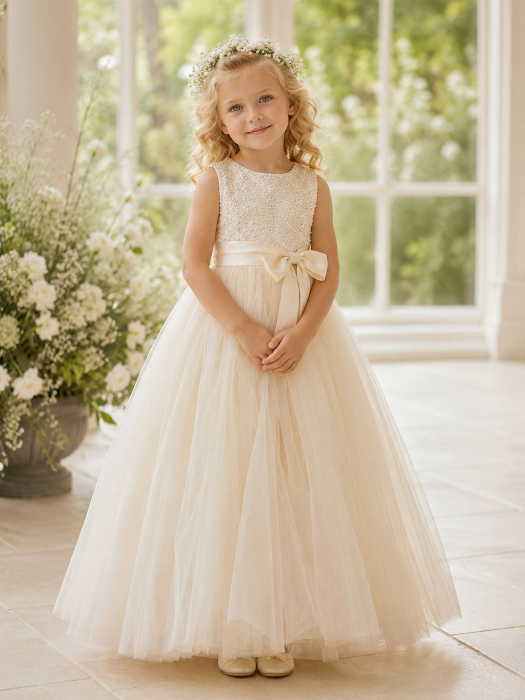 Ivory Tulle A-Line Flower Girl Dress with Sleeveless, jewel Neckline, and Floor length Skirt with Bow Accents front view