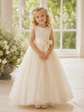 Ivory Tulle A-Line Flower Girl Dress with Sleeveless, jewel Neckline, and Floor length Skirt with Bow Accents front view