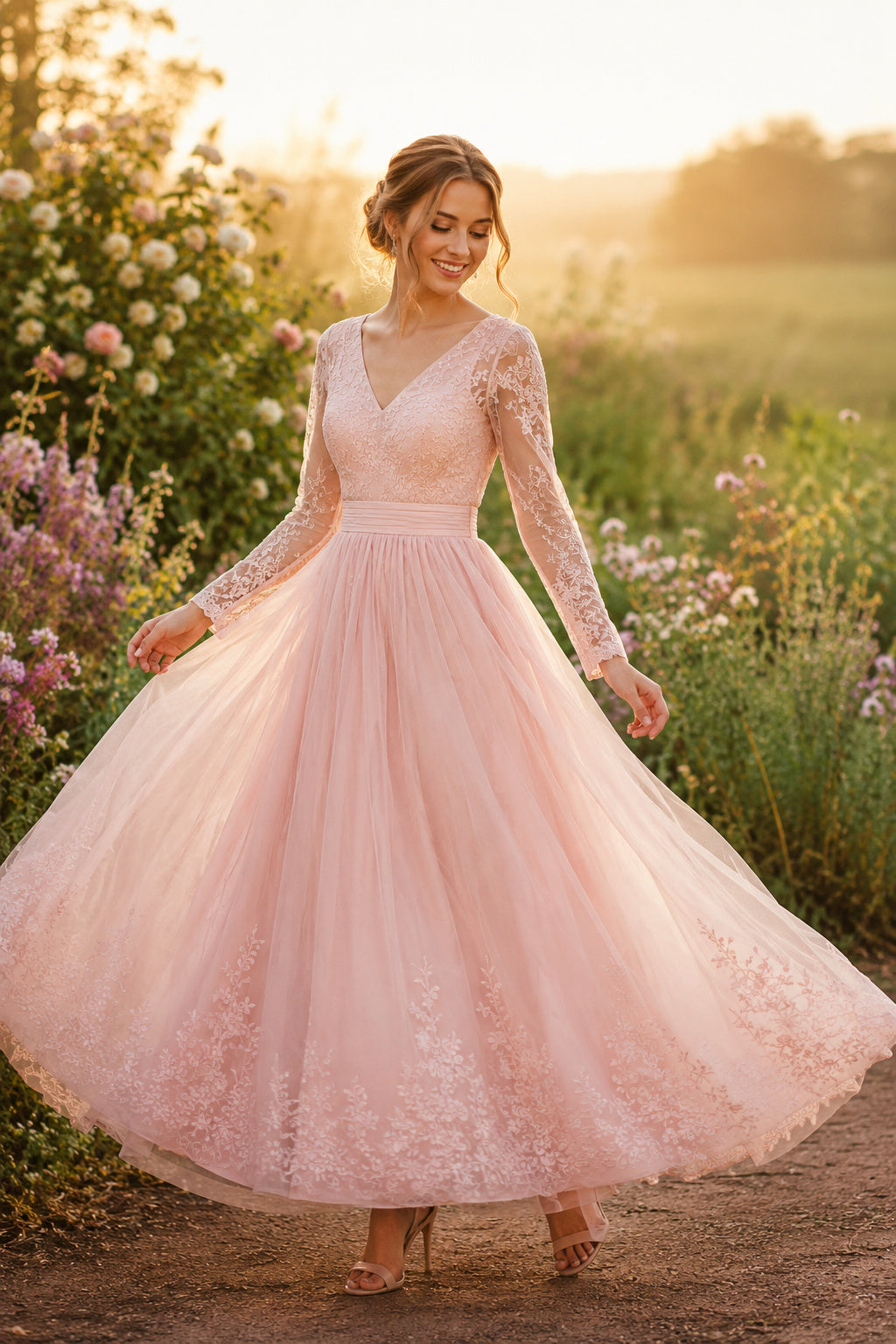 Blushing Pink Long Sleeve Lace Tea-Length Wedding Dress with Full Tulle Skirt front view