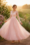 Blushing Pink Long Sleeve Lace Tea-Length Wedding Dress with Full Tulle Skirt front view