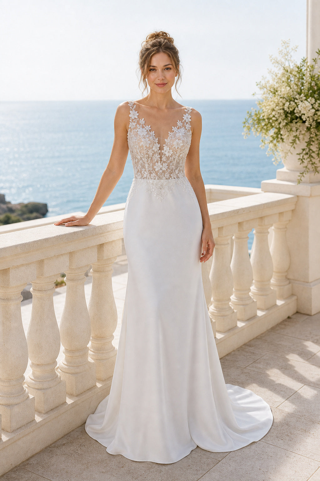 Ivory Bateau Short Sleeves Mermaid Crepe, Lace Floor-length Wedding Dress With Lace and Front Slit and Open Back