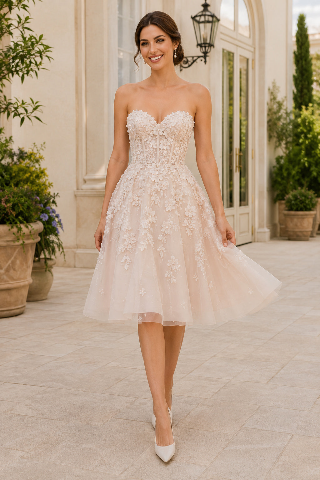 Strapless Tea-Length Tulle Wedding Dress with Lace Bodice front view