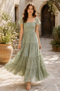 Sage Boho Wedding Guest Sheath Dress front view