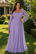Lavender Square Neck Floor-Length Chiffon A-Line Dress