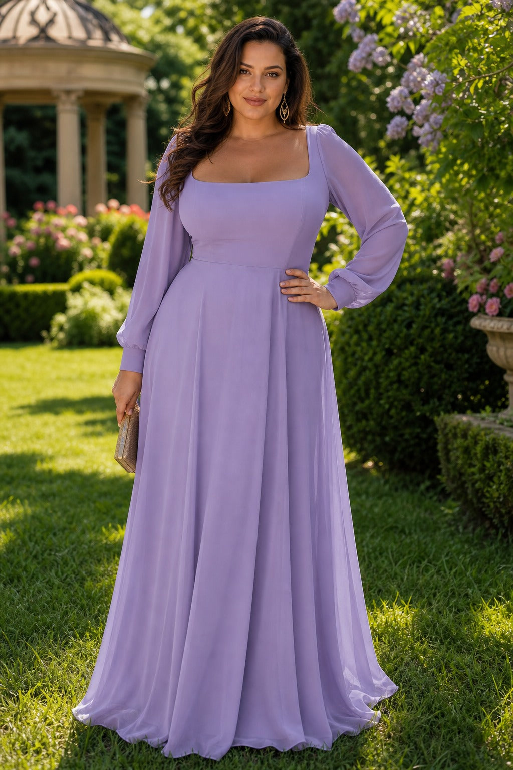 Lavender Square Neck Floor-Length Chiffon A-Line Dress