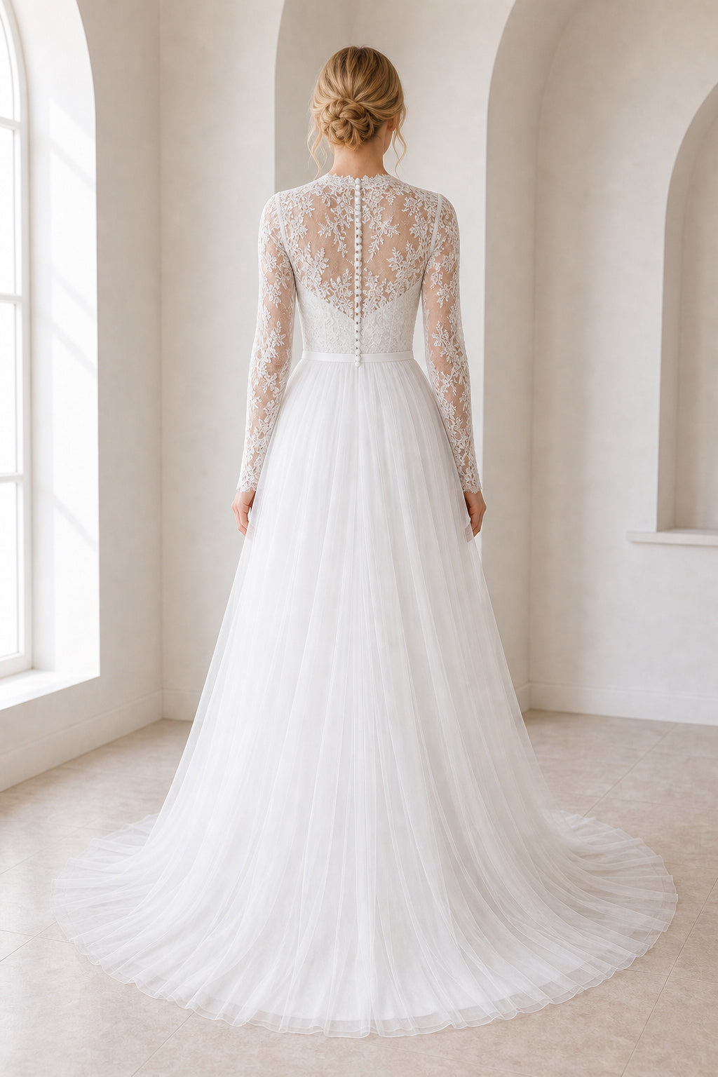Ivory Illusion Long Sleeve A-Line Tulle Wedding Dress With Lace Bodice