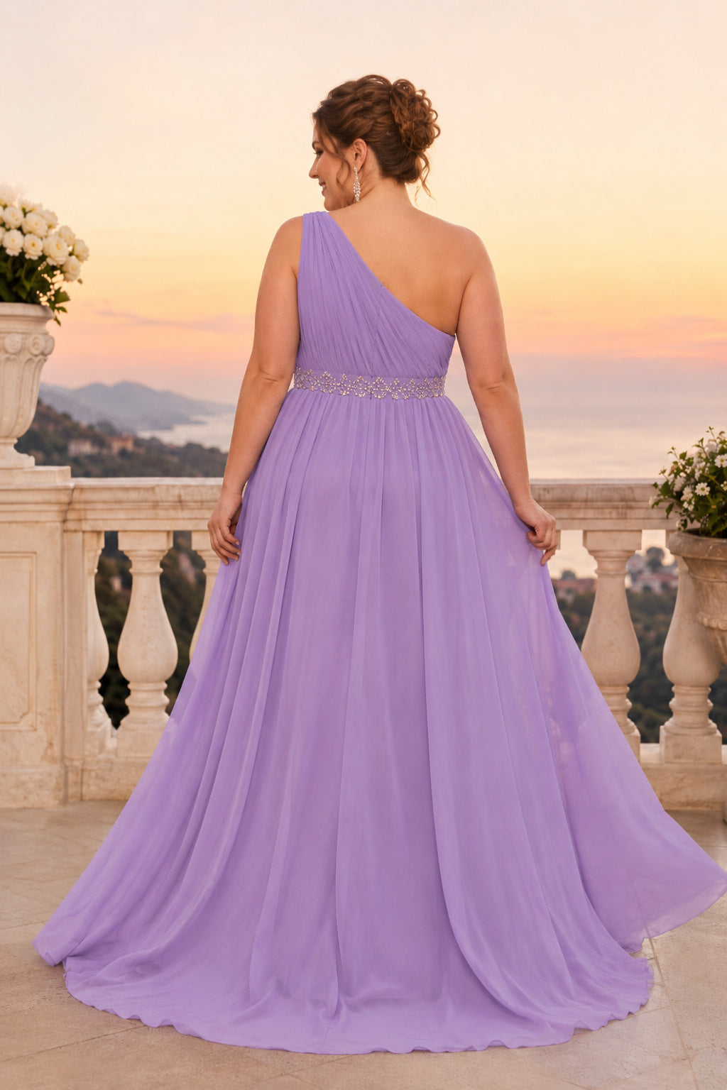 Lavender Plus Size One Shoulder Chiffon A-Line Bridesmaid Dress for Bridesmaids Wedding Guests and Formal Receptions back vie