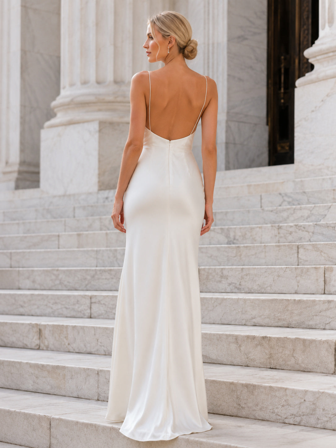 Minimal Cowl Neck Satin Wedding Sheath Spaghetti Strap Floor Length Elopement back view