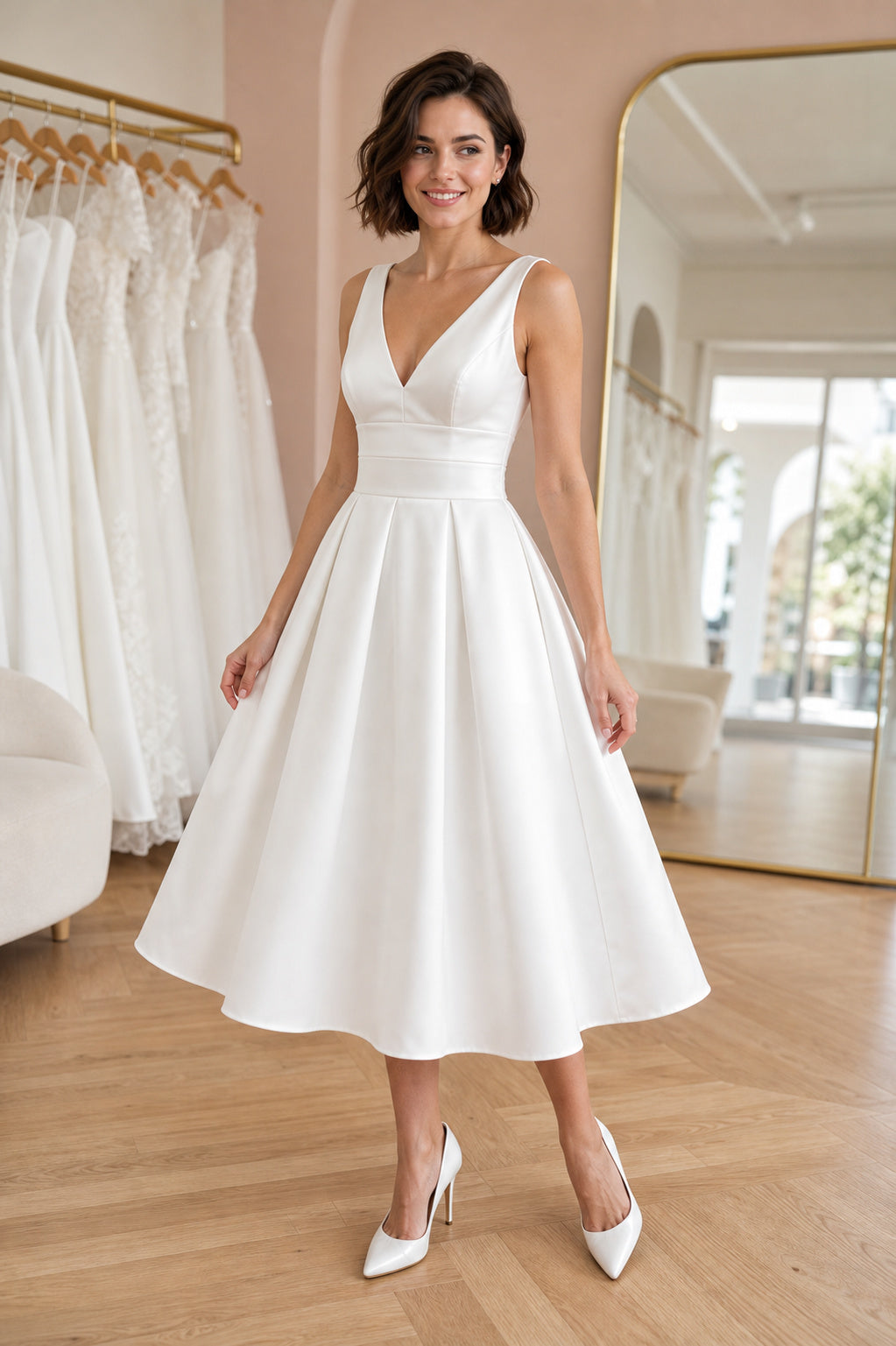 Champagne V-neck A-Line Satin Tea-length Dress With Pleats and Open Back