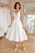 Champagne V-neck A-Line Satin Tea-length Dress With Pleats and Open Back