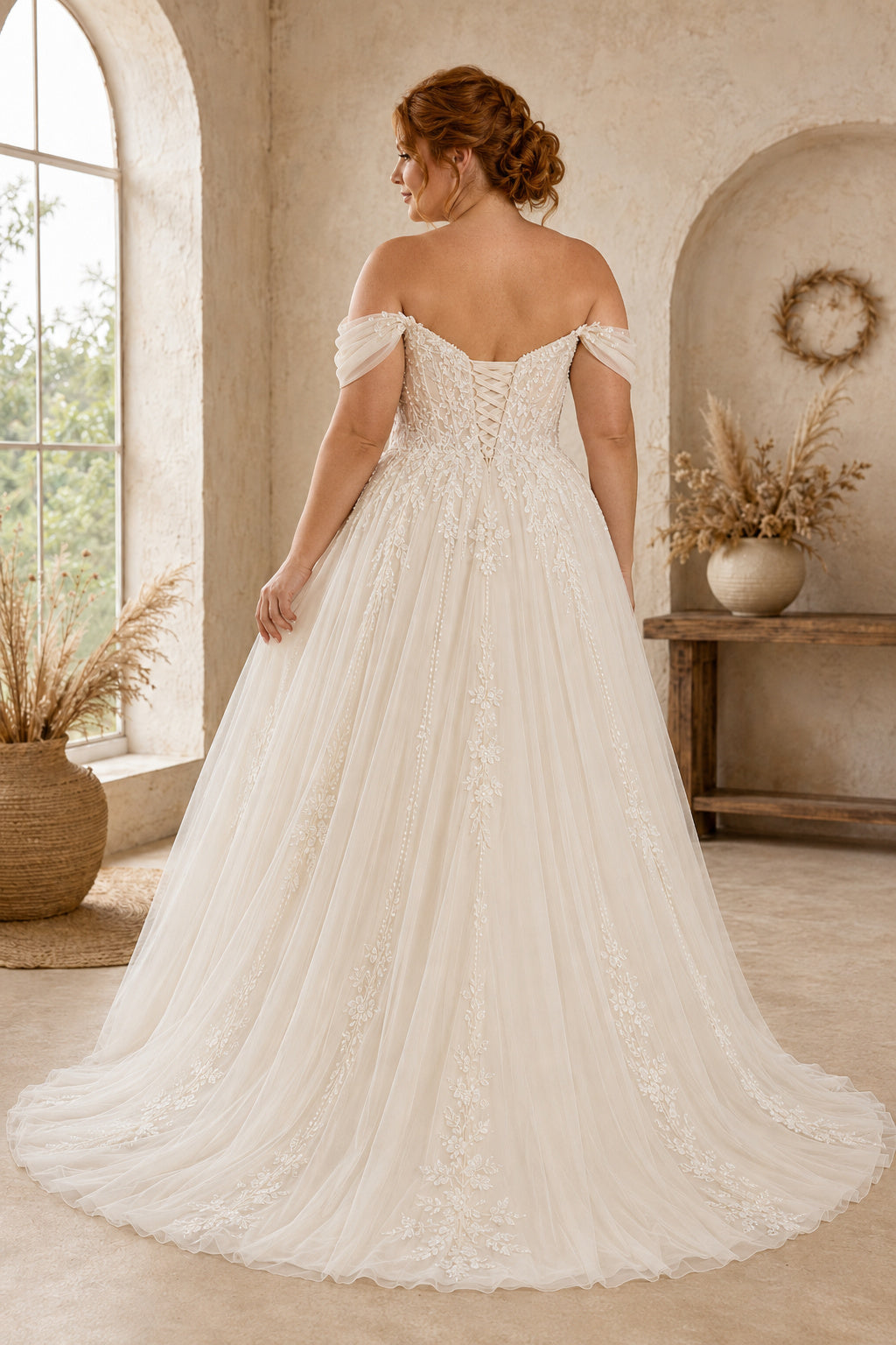 Plus Size Ivory Off-the-Shoulder Lace A-Line Wedding Dress with Chapel Train Style 721076 back view