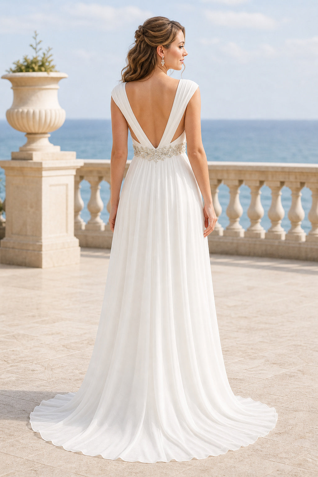 White Illusion Flutter Sleeves A-Line Lace Floor-length Wedding Dress With Lace and Beaded Bodice
