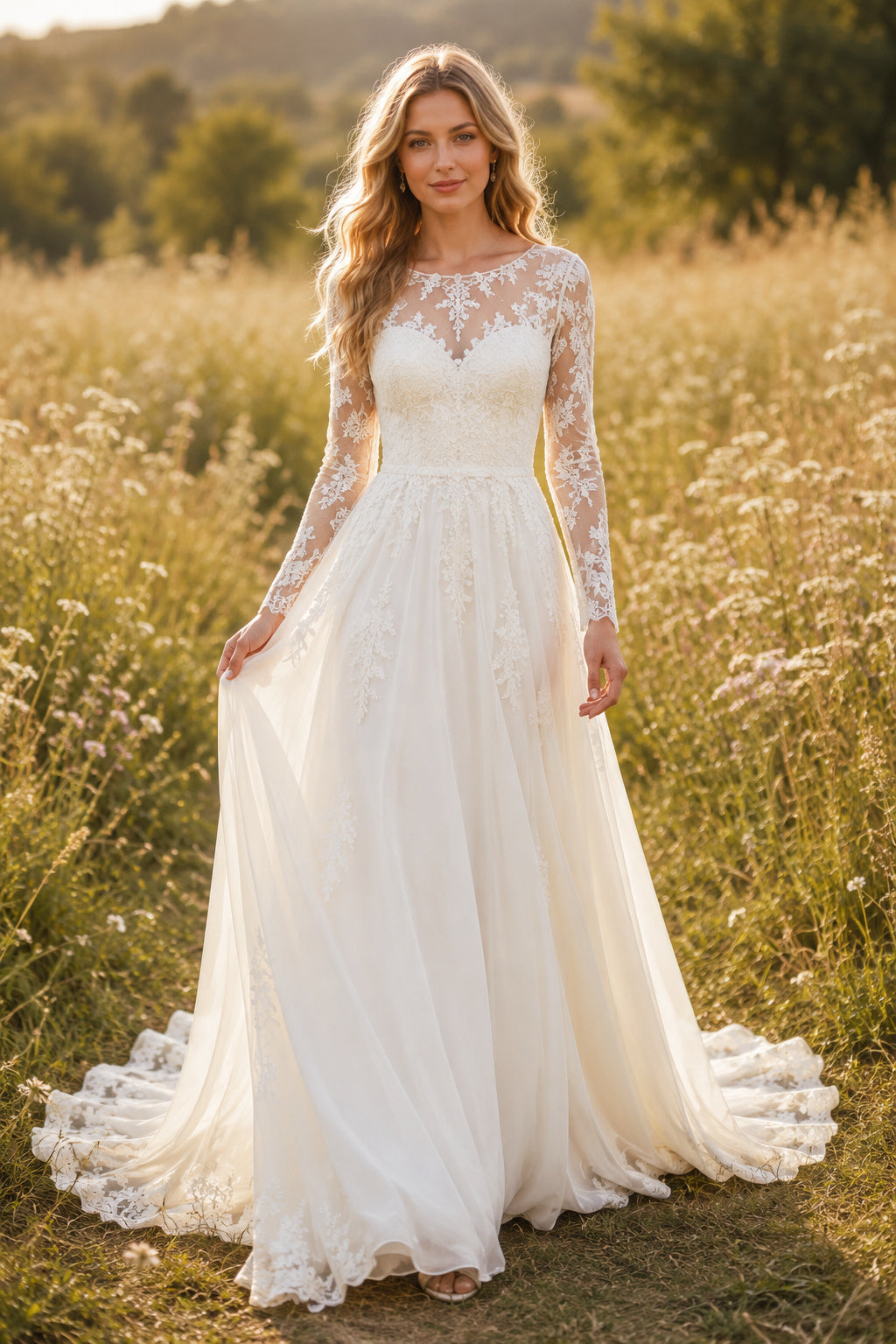 Bateau Long Sleeve A-Line Wedding Dress with Lace Bodice and Chapel Train for Beach Garden Ceremony front view