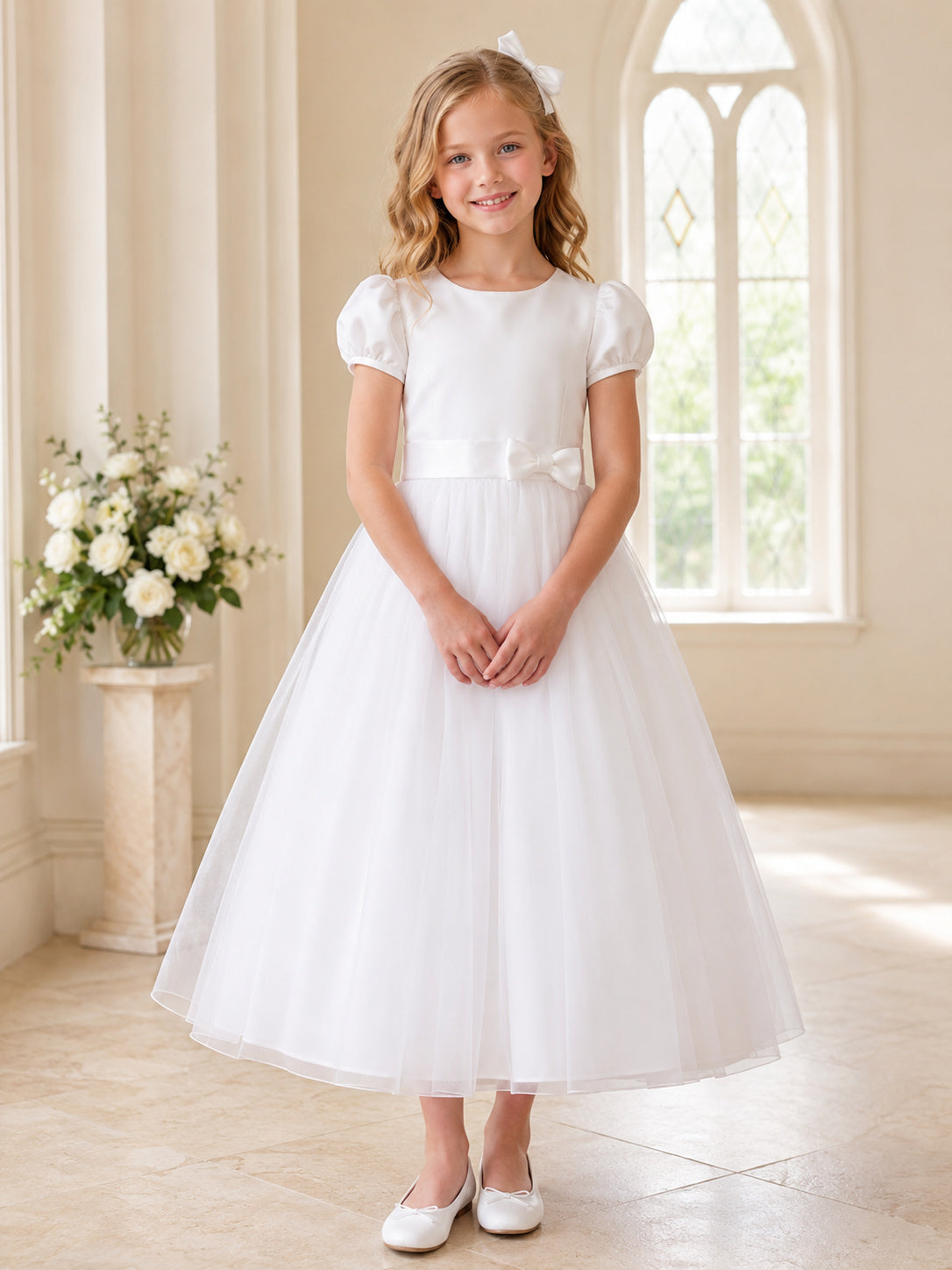 White Satin Tulle Jewel Neck Short Puff Sleeve Covered Buttons Ankle Length Communion Flowergirl Dress front view