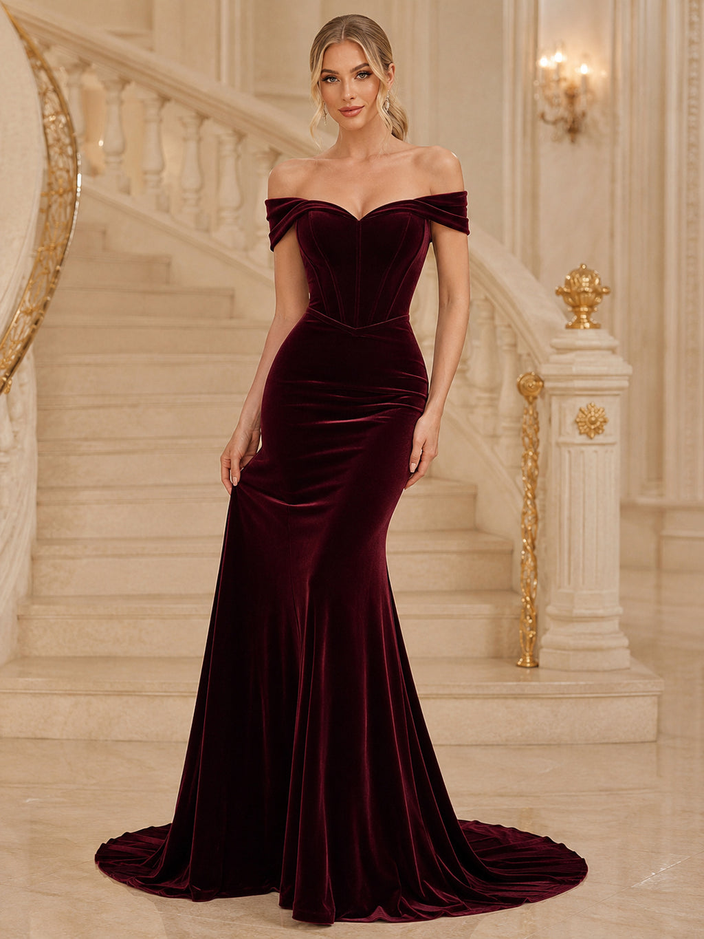 Burgundy Velvet Off Shoulder Charity Ball Mermaid Gown front view