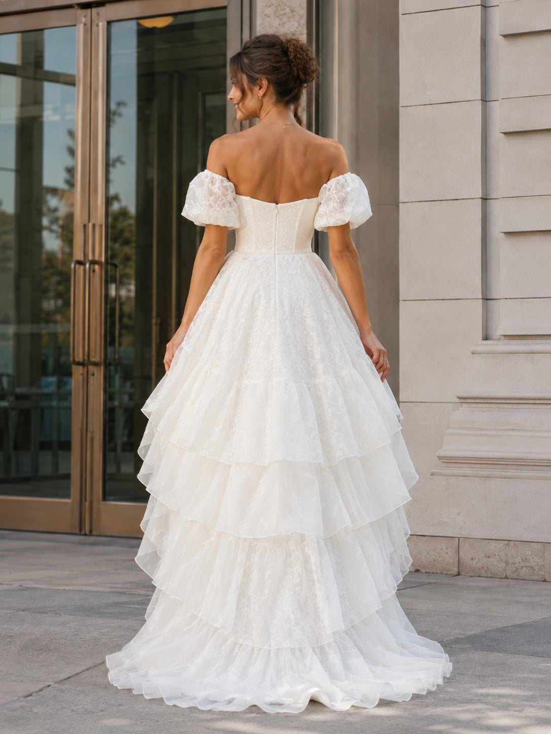 Puff Sleeve Tiered High Low Courthouse Wedding Dress back view