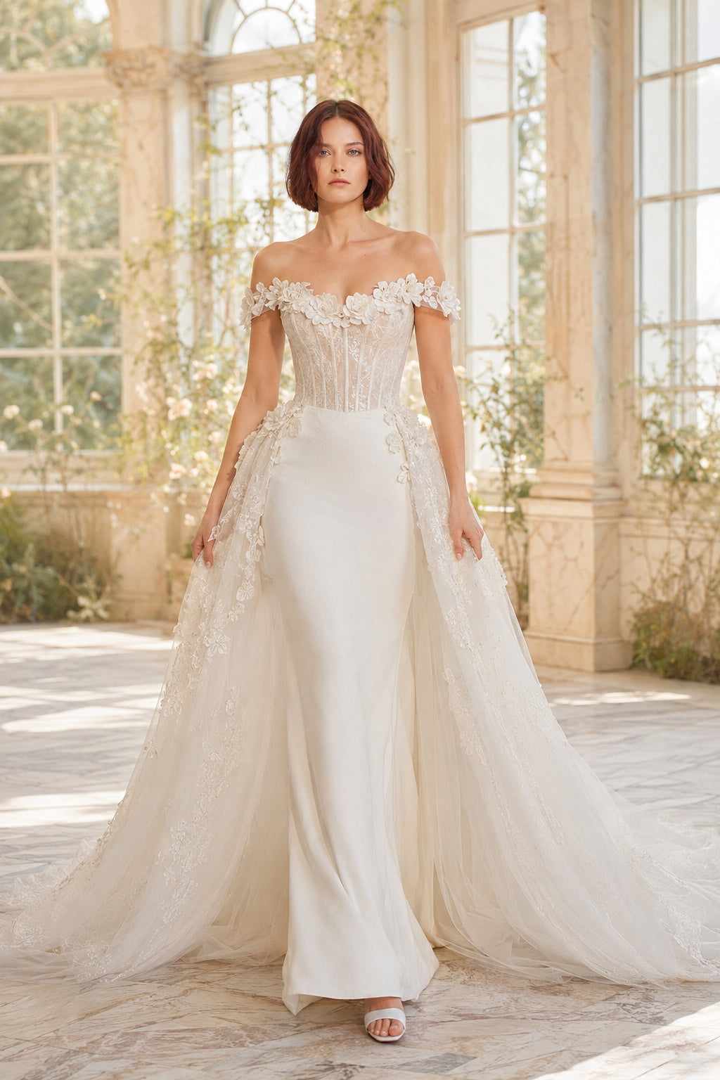 Wedding Jumpsuit with Off-Shoulder Lace Bodice and Removable Tulle Overskirt front view