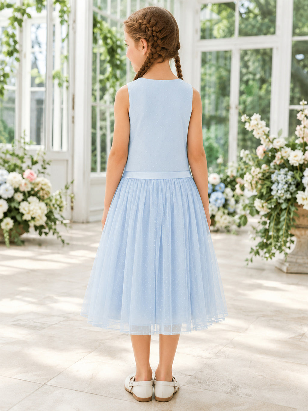 Sky Blue Dropped Waist A-Line Pleated Tulle Flower Girl Dress, Sleeveless Jewel Neck, Tea-Length Garden Ceremony back view