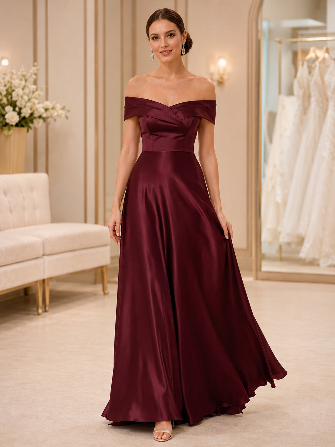 Elegant Indoor Formal Burgundy Romantic A-Line Satin Bridesmaid Dress with Off Shoulder Sweetheart Sleeveless Floor-Length Ru