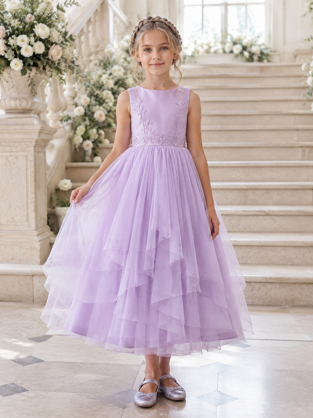 Flower Girl Dress Lavender Tulle A-Line Scoop Neck Tea Length Tiered Skirt front view