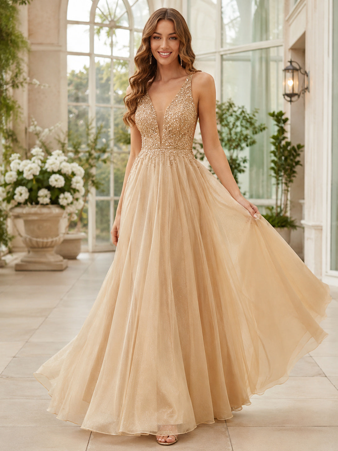 Champagne Tulle Maturaball A Line Floor Length Spaghetti Deep V Beaded Gown front view