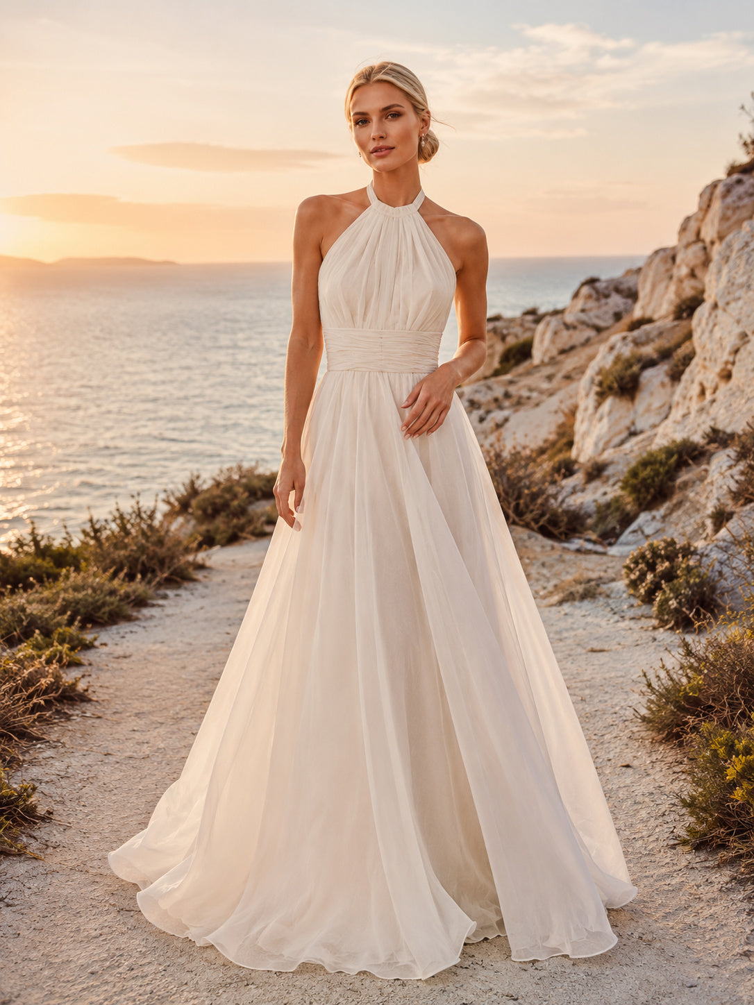 Beach Chiffon Wedding Dress A-Line Halter Sleeveless Floor Length Bridal Gown Style 722594 front view