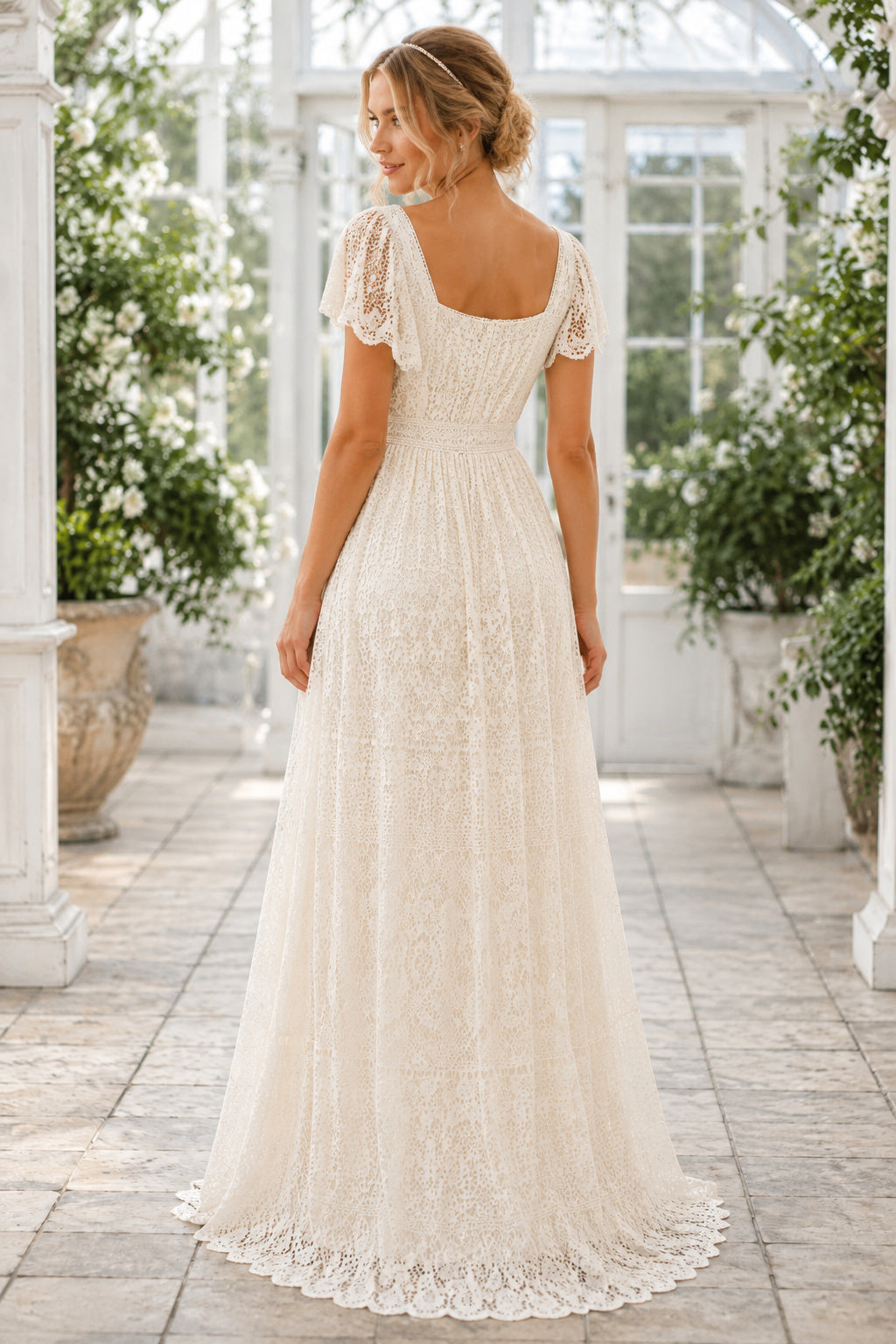 Ivory Square Neck Cap Sleeve Lace A-Line Wedding Dress for Wedding Ceremony and Reception back view