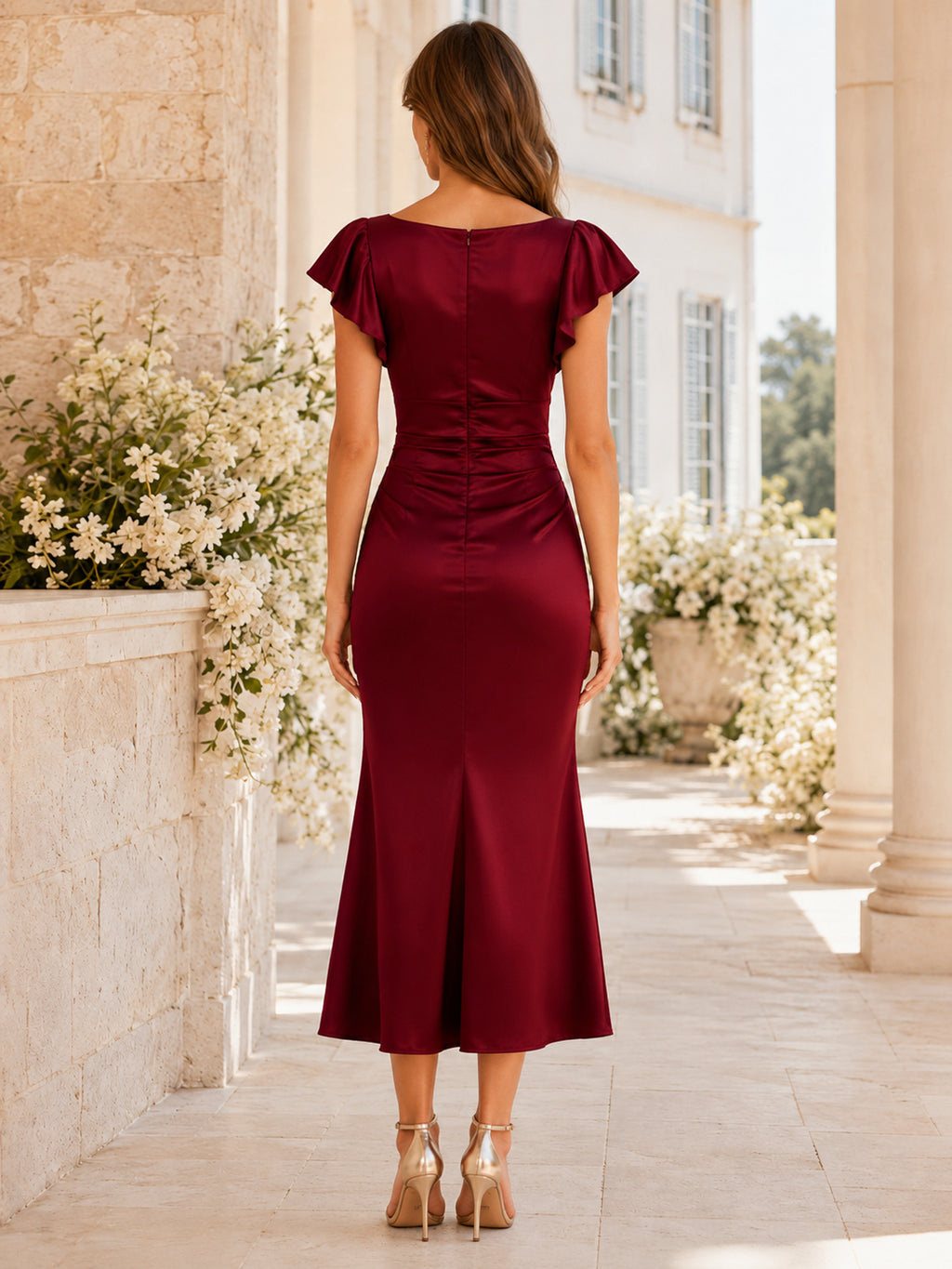 Red Cowl Neck Petal Sleeve Satin Sheath Ankle Guest Dress back view