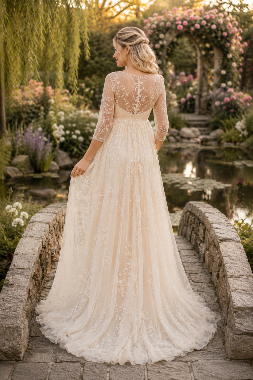 Champagne Long Sleeve Lace Maternity Wedding Dress with Illusion Back back view