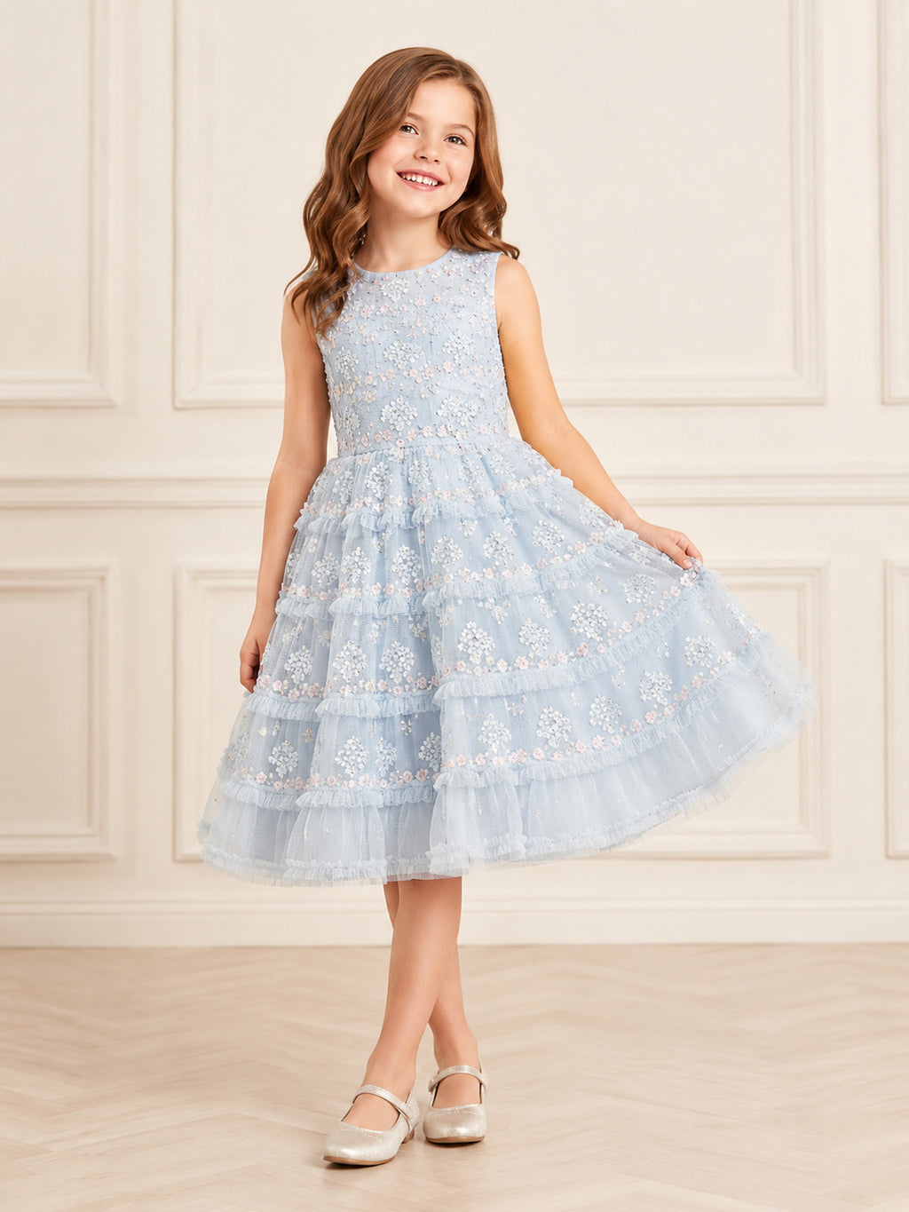 Flower Girl Dress Sky Blue Tulle A-Line Jewel Neck Tea Length Pleated front view
