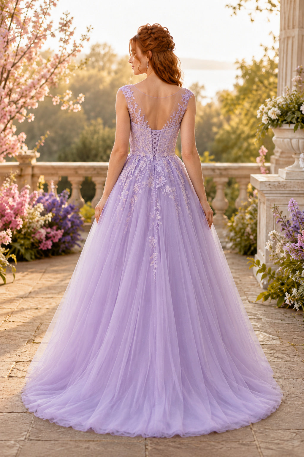 Lavende Floral Applique Tulle A-Line Prom Dress with Illusion Straps and Corset Back back view