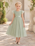 Flower Girl Dress Sage Tulle A-Line Short Sleeve Jewel Neck Tea Length Bow Detail front view
