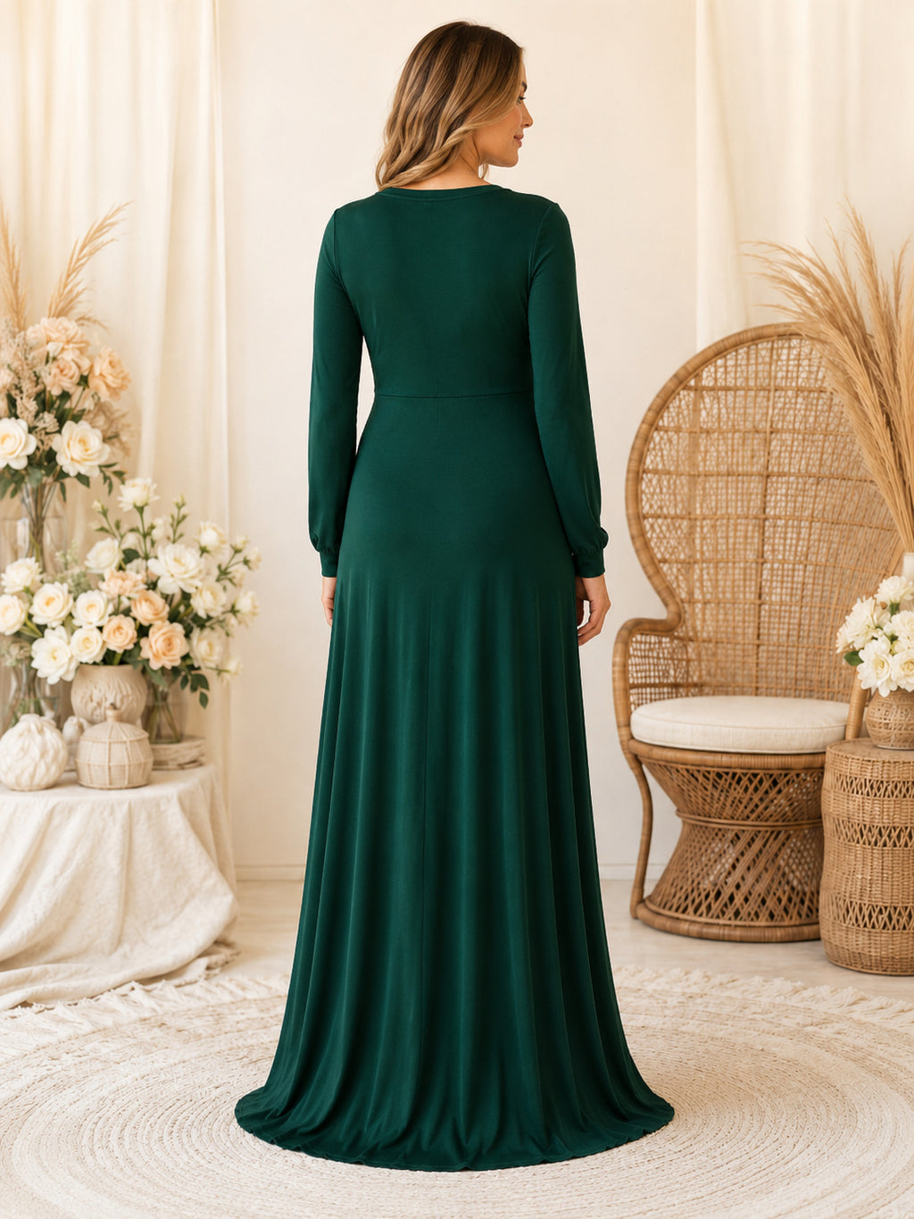 Dark Green Maternity Long Sleeve V Neck Sheath Jersey Floor Length Modest Dress back view