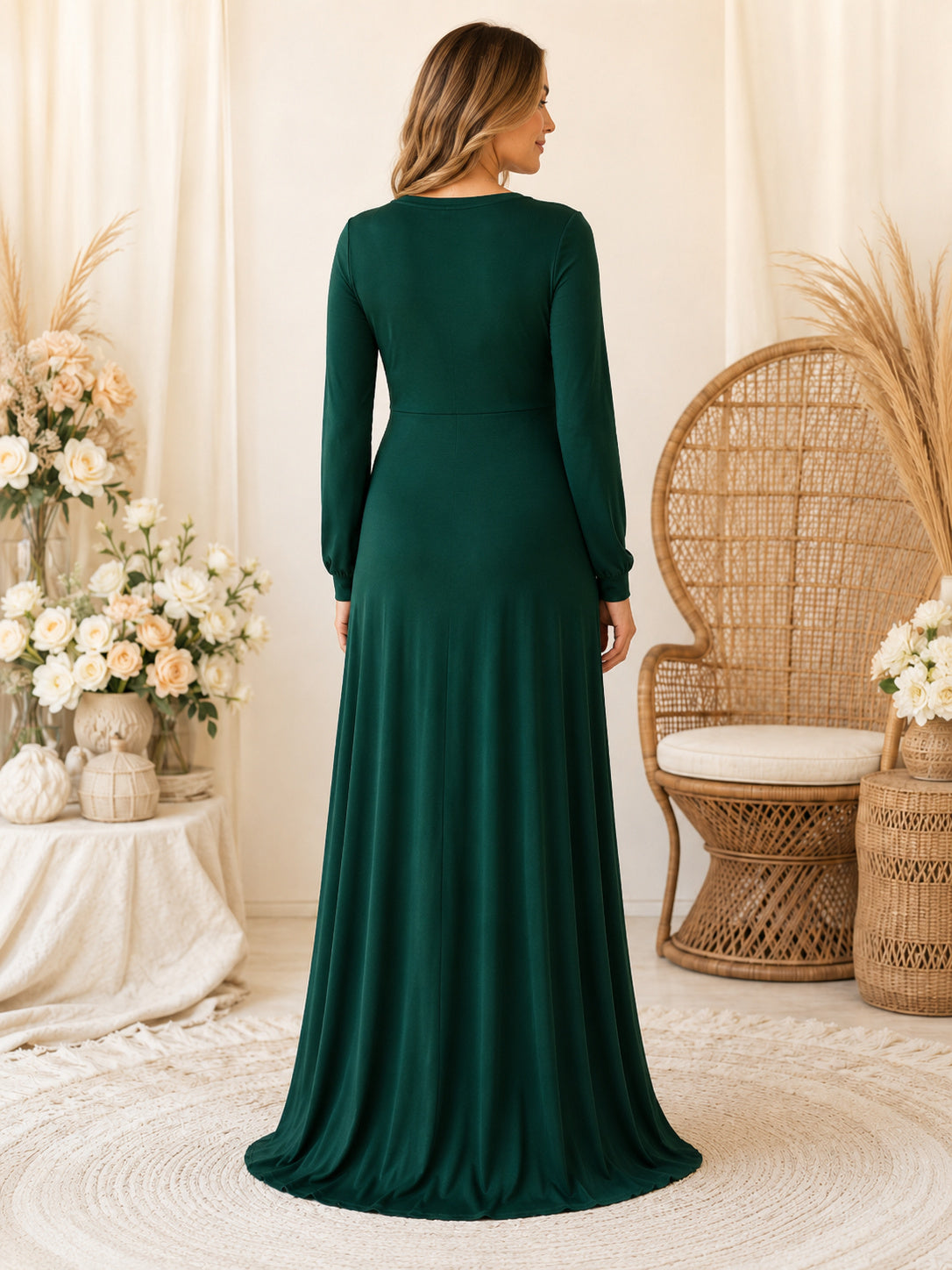Dark Green Maternity Long Sleeve V Neck Sheath Jersey Floor Length Modest Dress back view