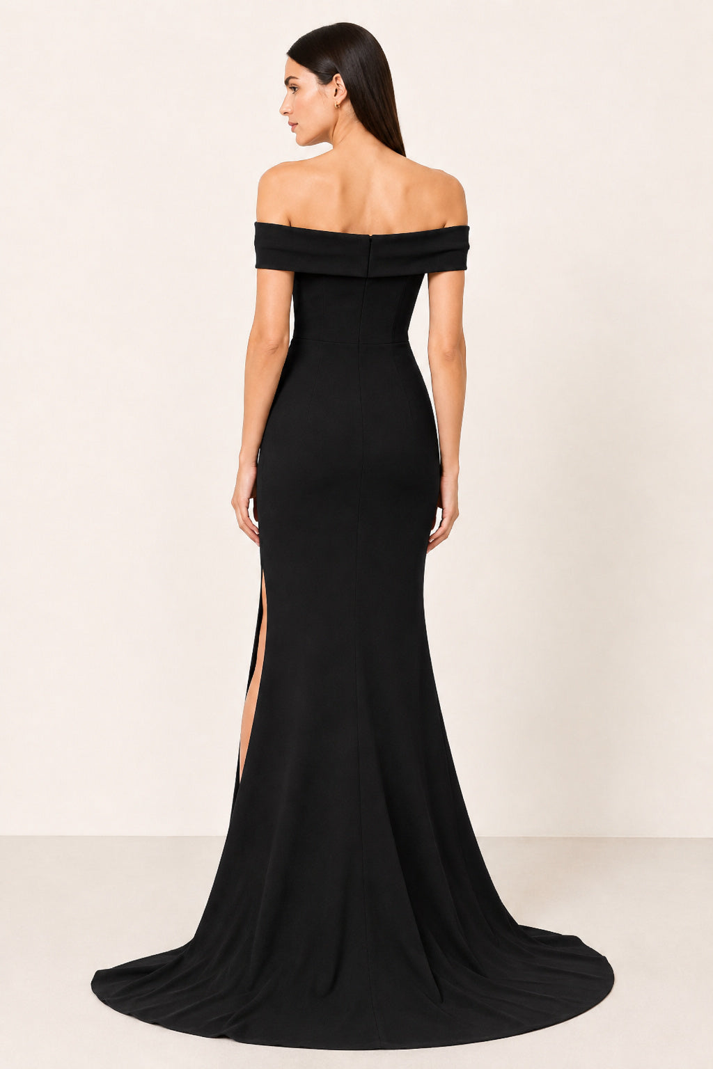 Black Off The Shoulder Fitted Jersey Mermaid Gown With Front Slit And Sweep Train Evening Dress back view