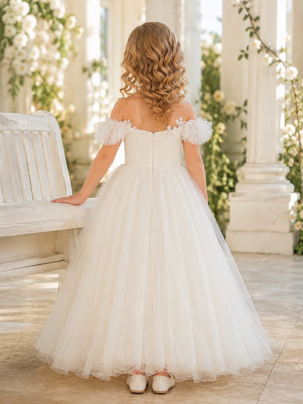 Flower Girl Dress Ivory Tulle A-Line Off Shoulder Tea Length Floral Applique back view
