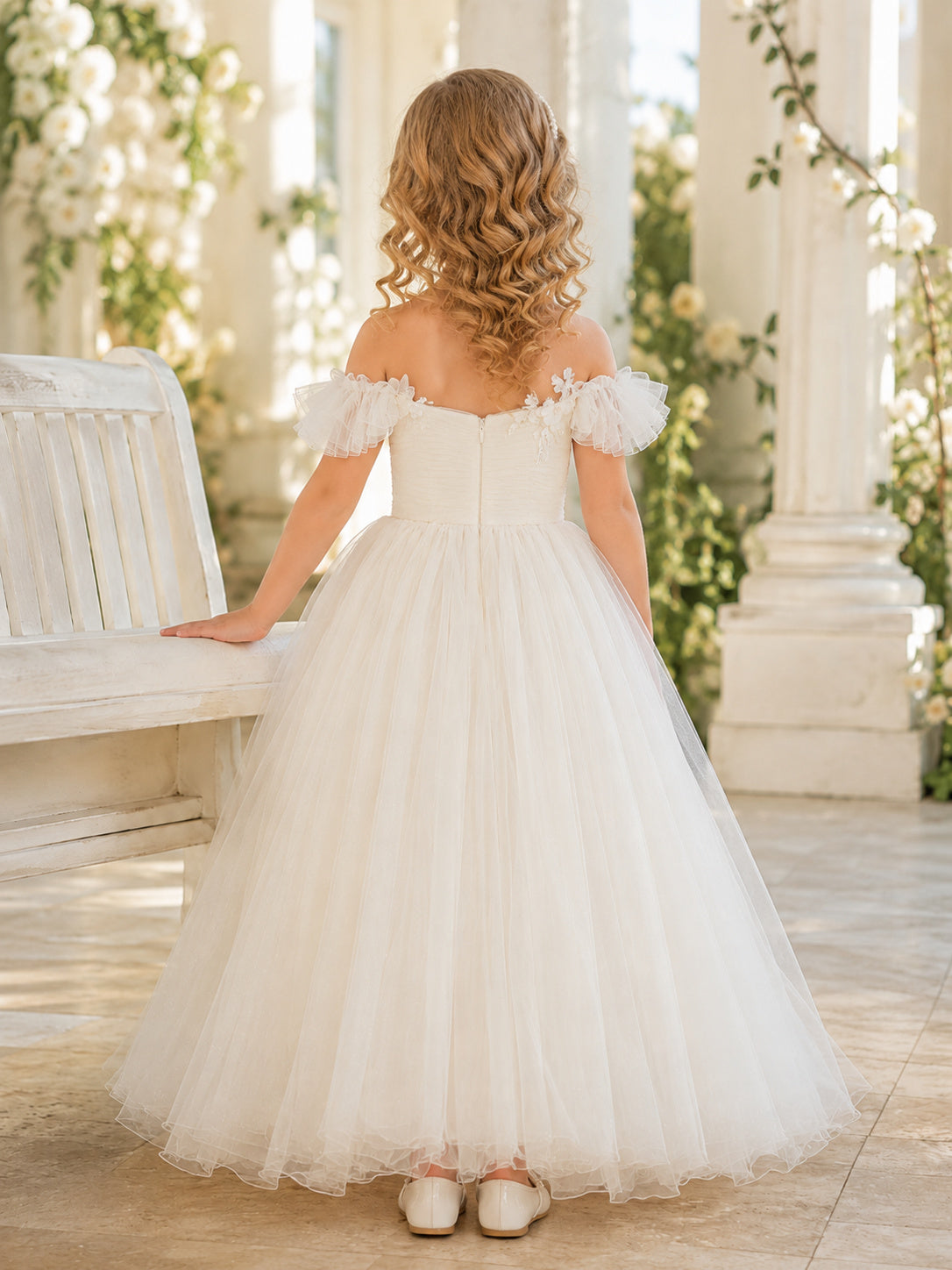 Flower Girl Dress Ivory Tulle A-Line Off Shoulder Tea Length Floral Applique back view
