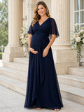 Dark Navy V Neck Flutter Sleeve Chiffon Empire Floor Maternity Evening Guest Gown front view